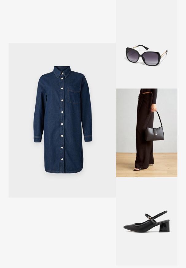 Tummansininen farkkupaitamekko, jossa on napitus edessä, kaulus, pitkät hihat ja rintatasku. Korostaa valkoisia nappeja ja kontrastivärjäystä.; Musta lakattu nahka slingback-korkokengät, joissa on terävä kärki, pyöreä aukko-muotoilu ja lohkokorko. Varustettu kultasävyisellä solkiyksityiskohdalla.; Mustat ylisuurten kehysten aurinkolasit, joissa on liukuväri-linssit, paksut kehykset ja kultasävyiset ketjustuskoristeet temppeleissä.; Musta käsilaukku, jossa on rakenteellinen muoto, sileä pinta ja metallinen solki. Yhdistetty leveisiin mustiin housuihin ja avonaiheisiin sandaaleihin puulattialla.