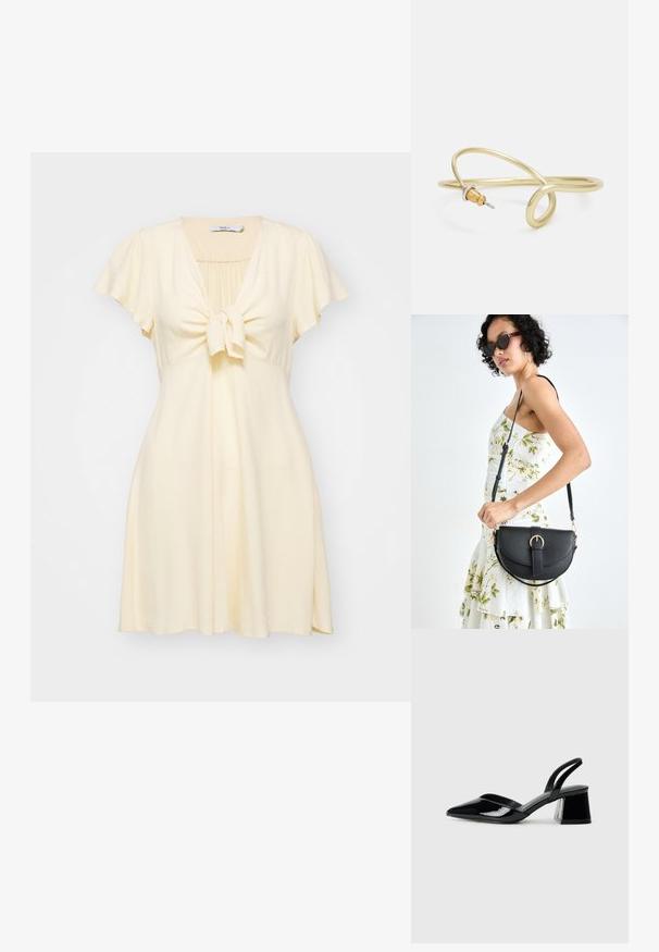 Īsām piedurknēm, gaiši dzeltena kleita ar sasienamu priekšu. Mīksta, teksturēta auduma, V veida kakla izgriezums un paplašināts svārku griezums nodrošina brīvu piegriezumu.; Melna lakota āda ar atvērto papēdi, ar smailu purngalu un ģeometrisku blokpapēdi. Iezīmējas elegants, minimāls dizains un gluda tekstūra.; Melnas ādas rokassoma ar izliekta formu, noņemamu siksnu un zelta aksesuāriem. Somai ir vāciņš ar sprādzes detaļu.; Zelta krāsas metāla aproce ar šķidrām, viļņveidīgām formām. Vienā galā ir neliels, izteikts sudraba krāsas akcents.