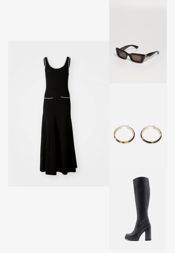 Zwart gebreid jurk met een aansluitende top en een uitlopende rok. Bevat witte kraalaccenten langs de halslijn en zakken. Textuurstof.; Zwarte kniehoge laars, van glad leer, met een chunky hak, ronde neus, textuur op de zool voor grip, strak ontwerp zonder versieringen.; Zwarte schildpad-zonnebril met rechthoekige lenzen, bruine tint, een stevig montuur en een gouden dubbele G-logo detail op de temple.; Gouden hoepeloorbellen met een tortoisepatroon van hars aan de buitenrand, met een gladde afwerking en een strakke, ronde vorm.