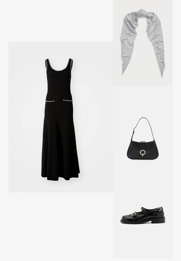 Abito nero a maglia con busto aderente e gonna svasata. Presenta dettagli in perline bianche lungo il décolleté e tasche. Tessuto texturizzato.; Scarpe in pelle nera con dettagli brogue, dotate di due cinturini con fibbia, punta arrotondata e tacco basso. Texture liscia con finitura lucida.; Sciarpa argento realizzata in un morbido tessuto testurizzato. Presenta un centro annodato e estremità allungate e affusolate con una leggera lucentezza.; Borsa a tracolla in pelle nera con silhouette curva, manico corto, hardware centrale in tonalità oro e texture liscia. Nessun motivo o dettaglio visibile.