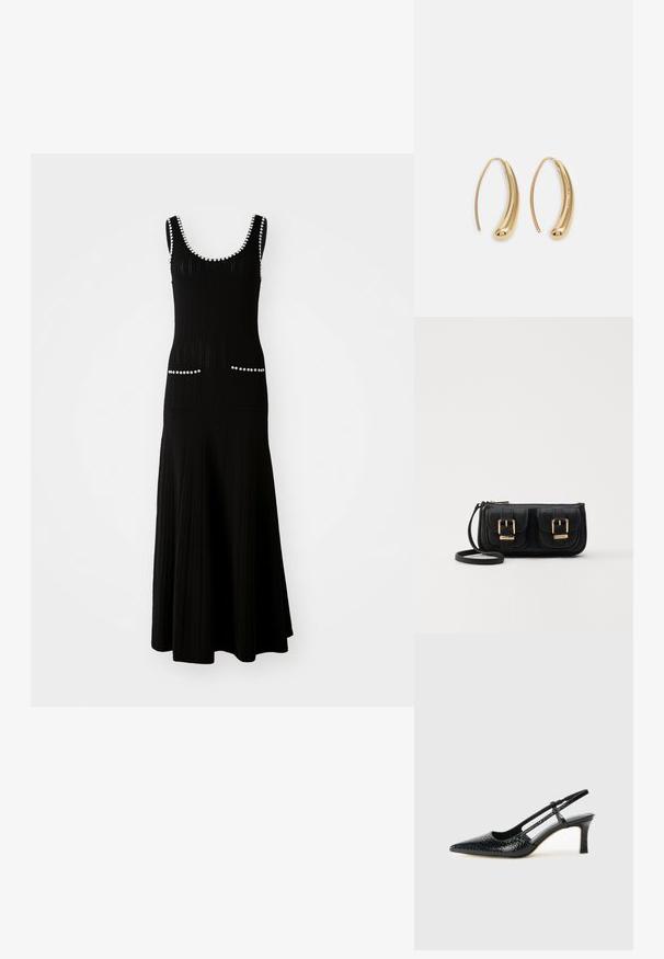 Zwart gebreid jurk met een aansluitende top en een uitlopende rok. Bevat witte kraalaccenten langs de halslijn en zakken. Textuurstof.; Zwart patent slingback hak met een spitse neus, voorzien van een gestructureerde slangenprint, verstelbare band en een korte, gestructureerde blokhak.; Zwarte leren schoudertas met twee vo pockets, gouden gespen, ritsluiting en een smalle band. Tekstuur oppervlak en compacte rechthoekige vorm.; Gouden metalen oorbellen in de vorm van een gebogen, verlengde hoop. Kenmerkend zijn het gladde, glanzende oppervlak en de afgeronde punt voor extra detail.