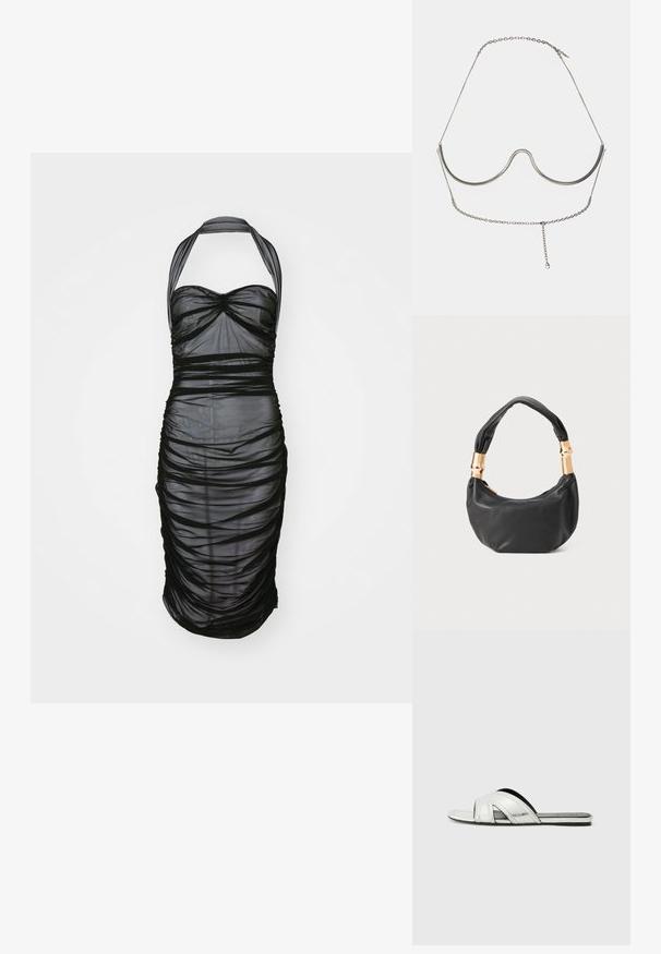 Robe noire sans bretelles faite d'un tissu transparent et texturé avec des détails froncés. Présente un décolleté halter et un design froncé sur l'ensemble.; Sandales à plat argentées avec une finition métallique, présentant un design de strap incurvé, des accents découpés et une semelle texturée pour une meilleure adhérence.; Sac à main en cuir noir de forme ronde, texture douce, et avec une anse nouée ornée d'accents en matériel doré. Fermeture éclair.; Cult Gaia ASHA BODY JEWELRY - Autres accessoires - bright shiny silver-coloured