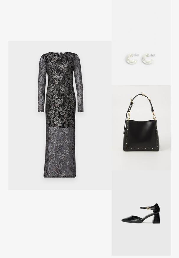 Rochie din dantelă neagră cu mâneci lungi, având modele florale și o siluetă ajustată. Textura este complicată, cu un finisaj semi-transparent.; Pantofii negri din piele lăcuită cu toc înalt, vârf ascuțit, curea la gleznă și model texturat de crocodil. Design cu toc pătrat.; Geantă de piele neagră, cu o formă structurată, având ace de aur pe margini și o curea detașabilă cu accente din metal auriu.; Cercei argintii cu un design în formă de cerc răsucit, având o suprafață texturată și detalii canelate, fixați cu un închizător cu tijă.