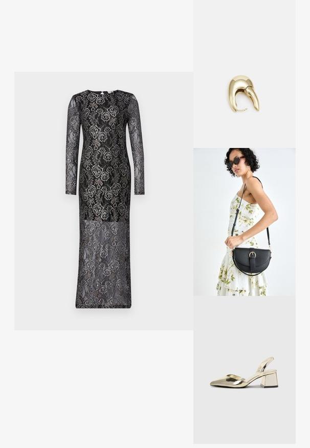 Crna čipkasta haljina s dugim rukavima, ukrašena cvjetnim uzorcima i pripijenim oblikom. Tekstura je složena, s poluprozirnim završetkom.; Zlatni metalik slingback sandali s šiljatim vrhom i debelim potpeticama. Glatka tekstura, minimalistički dizajn i uski remen.; Crna kožna torba s lukovitim oblikom, odvojivim remenom i zlatnim detaljima. Torba ima preklop s kopčom.; Zlatne metalne naušnice s elegantnim, zakrivljenim dizajnom. Imaju karakterističan šiljast oblik, poliranu površinu i zatvaranje na šarku.