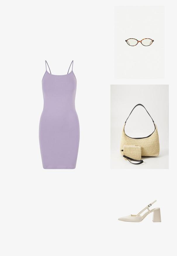 Lila Bodycon jurk gemaakt van zachte, rekbare stof. Kenmerkt zich door dunne spaghettibandjes en een aansluitende silhoutte, met een gladde textuur overal.; Beige slingback schoenen met een puntige neus, glanzende lakafwerking, middelhoge blokhak en verstelbare band. Minimalistisch ontwerp met open zijkanten.; Kattenoogbril met ovale lenzen en een strakke, gladde afwerking. Heeft dunne zijkanten met een subtiele kromming bij de slapen. Transparante lenzen.; Geweven strohandtas met een gebogen silhouet, voorzien van een soepele zwarte leren schouderband en een bijpassend klein zakje dat is bevestigd met een polsband.
