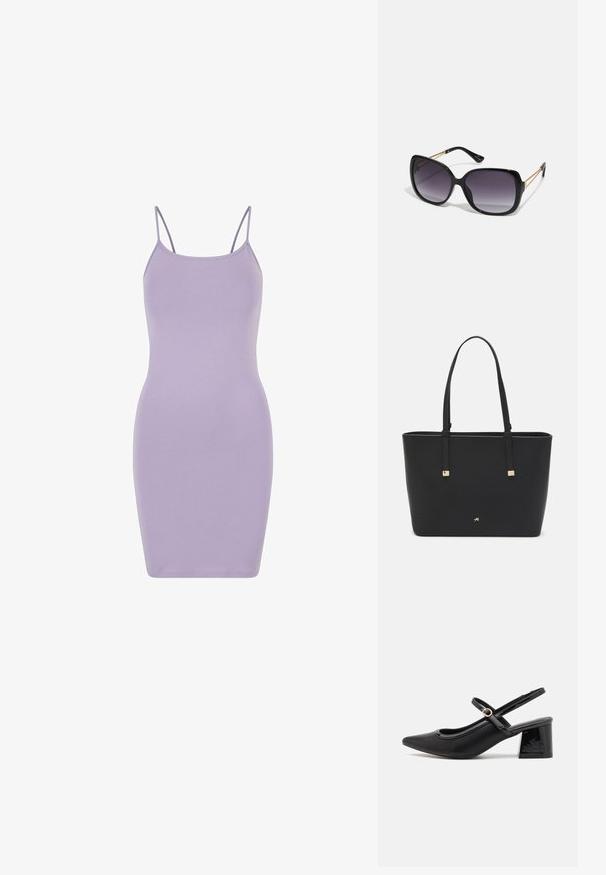 Fialová bodycon šaty vyrobené z mäkkého, elastického materiálu. Obsahujú tenké ramienka a priliehavý strih, s hladkou textúrou po celom obvode.; Čierne lakované kožené lodičky so slingback dizajnom, špicatou špičkou, zaobleným výrezom a blokovým podpätkom. Obsahuje akcent zlatého tónu s prackou.; Čierne oversized slnečné okuliare s gradientovými sklíčkami, hrubými rámami a zlatým retiazkovým detailom na stranách.; Čierna taška na rameno vyrobená z syntetického materiálu, s jednoduchým obdĺžnikovým dizajnom, zlatými štvorcovými akcentami a dvojitými uchami.