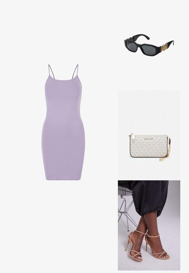 Robe bodycon lilas en tissu doux et extensible. Présente des bretelles spaghetti fines et une silhouette ajustée, avec une texture lisse tout au long.; Sandales à talons beiges avec des embellissements en cristal, dotées d'un bout ouvert, de fines lanières et d'une silhouette épurée.; Lunettes de soleil noires avec une monture géométrique épaisse, des verres sombres et des accents métalliques dorés sur les branches, comportant un détail d'emblème rond.; Porte-monnaie Michael Kors en toile enduite beige avec un motif répété de logo MK, des accessoires en or et une bandoulière en chaîne amovible.