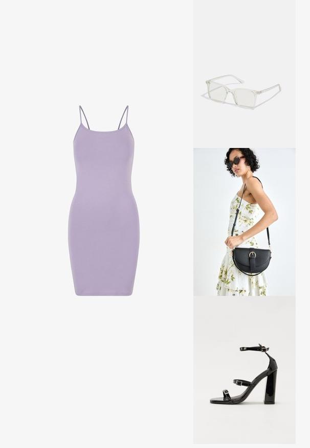 Fialová bodycon šaty vyrobené z mäkkého, elastického materiálu. Obsahujú tenké ramienka a priliehavý strih, s hladkou textúrou po celom obvode.; Čierne lakované sandále na podpätku so štvorcovou špičkou, navlečenými remienkami okolo členku a striebornými prackami. Disponujú masívnym blokovým podpätkom pre stabilitu.; Priehľadné plastové okuliare s námestovými rámami a priehľadnými šošovkami, s kultivovanými zlatými akcentmi na spánkoch pre zvýraznenie detailov.; Čierna kožená kabelka s zaobleným tvarom, odnímateľným popruhom a zlatými doplnkami. Kabelka má klopu s detailom s prackou.