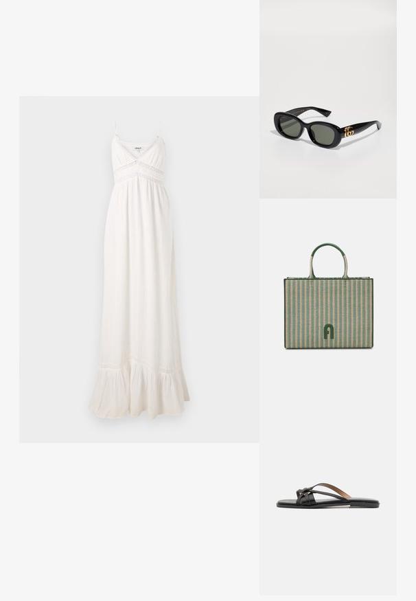 Bílé maxi šaty vyrobené z lehkého materiálu, s tenkými ramínky, přiléhavým korzetem s krajkovým lemem a volánkovým lemem.; Černé kožené žabky s tenkými, křížovými popruhy a plochou podrážkou, které mají minimalistický design a hladký povrch.; Černé plastové sluneční brýle se zelenými skly, oválného tvaru, s detailním zlatým logem na stranách. Hladký povrch a lesklý finiš.; Zeleno-beige pruhovaná taška přes rameno s dvěma uchy, vyrobená z tkaného materiálu, s detailem zeleného loga na přední straně. Obdélníkový tvar.