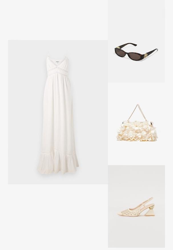 Vestido maxi blanco hecho de un tejido ligero, con tirantes finos, un corsé ajustado con detalles de encaje y un dobladillo con volantes.; Zapato slingback beige con parte superior perforada, punta afilada y un tacón triangular en contraste que presenta un acento dorado. Textura lisa en general.; Gafas de sol carey con lentes ovalados alargados, tintado marrón, acentos de logo dorado en las patillas y brazos negros elegantes.; Bolso floral blanco con superficie de tela fruncida, correa de cadena en tono dorado y cierre de metal. Presenta pétalos texturizados para un detalle adicional.