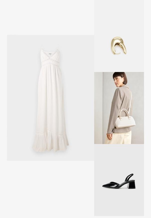Balta maksi kleita, kas izgatavota no viegla auduma, ar plāniem siksniņām, pieguļošu augšdaļu ar mežģīņu apdari un viļņotu apakšmalu.; Melna lakota āda ar atvērto papēdi, ar smailu purngalu un ģeometrisku blokpapēdi. Iezīmējas elegants, minimāls dizains un gluda tekstūra.; Balta strukturēta roku soma ar īsām rokturiem un plecu siksnu, ar zelta aparatūras akcentiem un strukturētu materiālu, izstādīta uz pelēka fona.; Zeltīti metāla auskari ar gludu, izliekta dizaina. Ar atšķirīgu smailu formu, pulētu virsmu un eņģu aizdari.