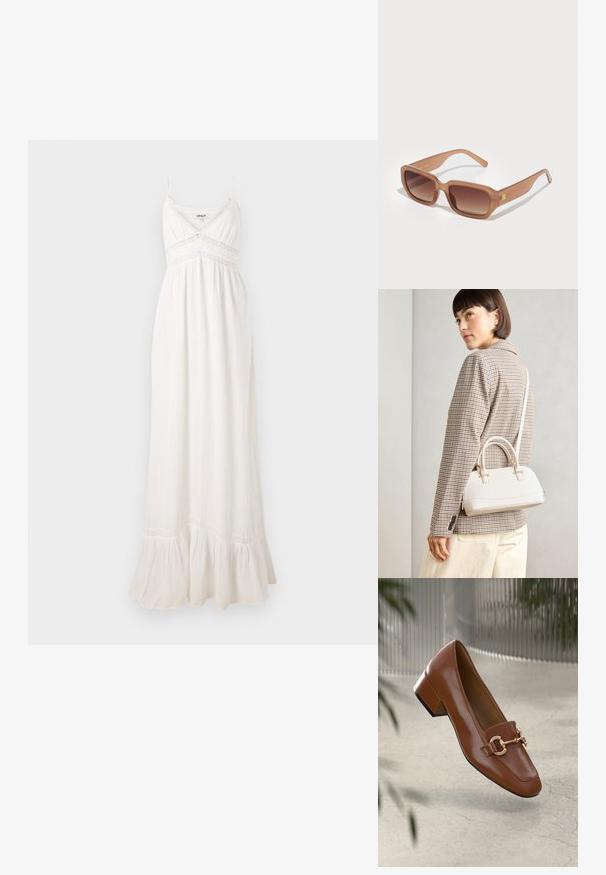 Valge maksimekko, mis on valmistatud kerge kangast, silmapaistvate õhukeste rihmadega, sobiva bodiga, millel on pitsi ääristus, ja volangiga hem.; Pruunist lakknahast loafer, millel on ruudukujuline varvas, metallist ahel kaunistus ja madal plokkkonts; sile tekstuur, minimalistlik disain.; Pruunid ristkülikukujulised päikeseprillid, millel on gradient objektiivid, paksud raamid ja logodetail külgedel. Sile plastmaterjal, minimaalne disain.; Valge struktureeritud käekott lühikeste käepidemete ja õlavööga, millel on kuldse riistvara aktsendid ja tekstuuriga materjal, eksponeeritud halli taustal.