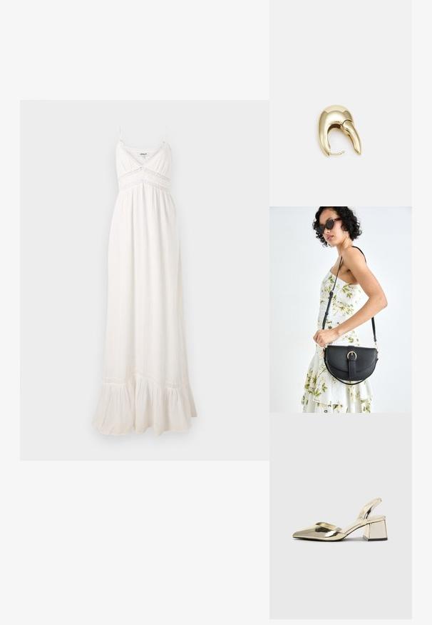 White maxi dress made of lightweight fabric, featuring thin straps, a fitted bodice with lace trim, and a ruffled hem.; Gold, metallic slingback heels with a pointed toe and chunky heel. Smooth texture, minimalistic design, and a narrow strap.; Black leather handbag with a curved shape, detachable strap, and gold hardware. The bag features a flap with a buckle detail.; Gold-tone metal earring with a sleek, curved design. Features a distinctive pointed shape, polished surface, and hinge closure.