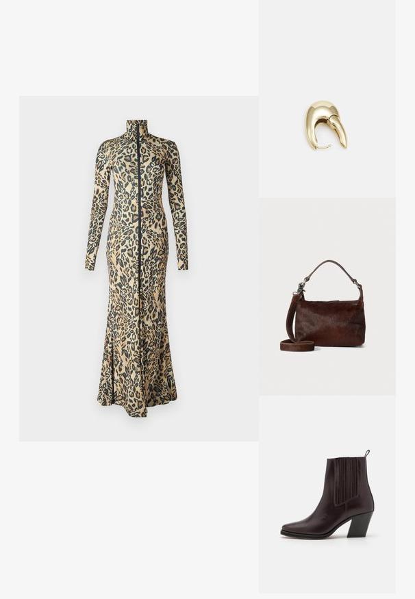 Vestido de estampado de leopardo con mangas largas, cuello alto y cremallera frontal. Silueta ajustada que se ensancha en el dobladillo, confeccionado en una tela suave.; Bota de cuero marrón oscuro hasta el tobillo con punta afilada, detalles de ribetes verticales en el costado y un tacón bloque de altura media.; Bolso de cuero marrón con un exterior suave y texturizado similar a la piel de un animal, diseño delgado, un asa corta y una correa desmontable.; Pendiente de metal en tono dorado con un diseño elegante y curvado. Presenta una forma puntiaguda distintiva, superficie pulida y cierre de bisagra.