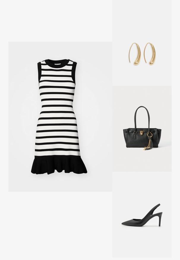 Gestreepte jurk in zwart en wit met een aansluitend ontwerp, mouwloos model en een uitlopende zwarte rucheszoom; beschikt over decoratieve hardware op de schouders.; Zwarte leren slingback hoge hakken met een puntige neus, met een uitsparing aan de voorkant en een dunne stilettohak.; Zwarte leren handtas met dubbele handgrepen, gouden slot en kettingdetail, en zwart-witte franjer accent tegen een witte achtergrond.; Gouden metalen oorbellen in de vorm van een gebogen, verlengde hoop. Kenmerkend zijn het gladde, glanzende oppervlak en de afgeronde punt voor extra detail.
