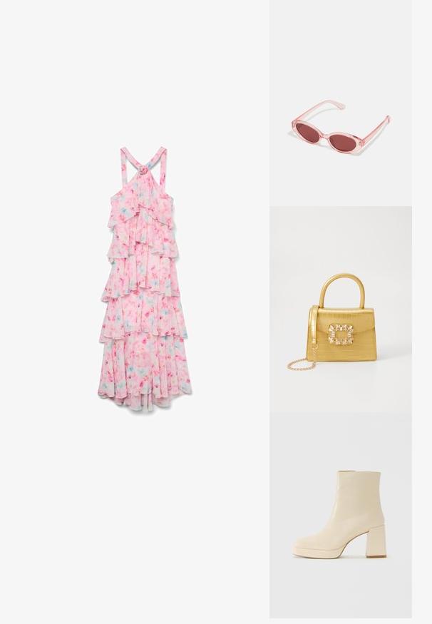 Vero Moda FELICIA RUFFLE - Ένδυση για ειδικές περιστάσεις - pink tulle; Μπεζ δερμάτινη μπότες μέχρι τον αστράγαλο με τακούνι καμπίνας και πλατφόρμα, λεία φινίρισμα και ελαφρώς τετράγωνη μύτη, στραμμένη αριστερά σε λευκό φόντο.; Ροζ διαφανή γυαλιά ηλίου με ωοειδείς φακούς, σκούρο κόκκινο τόνισμα και κομψούς βραχίονες, με απαλή υφή και διακριτές λεπτομέρειες στο σκελετό.; Κίτρινη τσάντα φουσκωτού κροκοδείλου με δομημένο σχέδιο, επάνω χερούλι, αποσπώμενο αλυσίδα και διακοσμητική κρυστάλλινη επένδυση στο κούμπωμα.