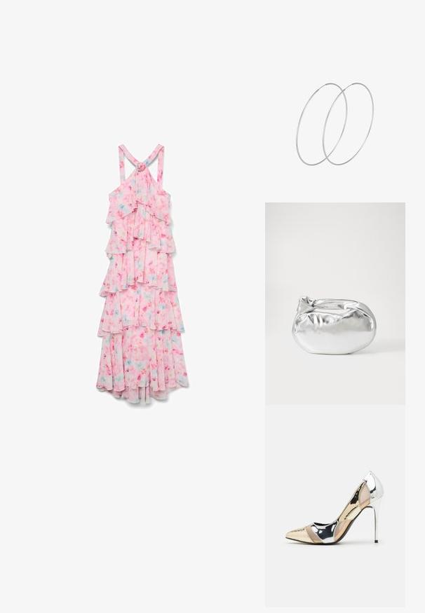 Vero Moda FELICIA RUFFLE - Společenské šaty - pink tulle; Lodička s špičatou špičkou a kombinací stříbrné, zlaté a tělové barvy. Lesklý povrch s vykrojeným designem, s jehlovým podpatkem.; Stříbrná kovová taška s měkkým, zaobleným tvarem a uzávěrem s uzlem. Vyrobena z hladké umělé kůže.; Stříbrné kruhové náušnice s minimalistickým designem. Kruh, hladký povrch a tenký profil. Lehká konstrukce s lesklým povrchem.