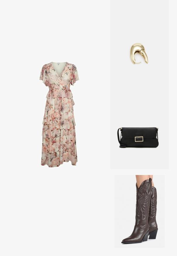 Maxime dress dengan motif floral yang menampilkan lengan ruffle pendek, desain lilit, ruffle bertingkat, dan pinggang yang dirampingkan dalam nuansa merah muda dan krim.; Ruske nahkasaappaat, joissa on terävä kärki ja laatikkokorko, varustettu yksityiskohtaisella ompelulla ja kohotetuilla yksityiskohdilla varsiosassa.; Musta nahkainen kynäpenkkilaukku, jossa on läppä ja kultainen metallinen solkiyksityiskohta. Mukana musta hihna ja tyylikäs, minimalistinen muotoilu.; Kultahipuinen korvakoru, jossa on sulavalinjainen, kaareva muotoilu. Ominaisuuksiin kuuluu erottuva terävä muoto, kiillotettu pinta ja sarana kiinnitys.