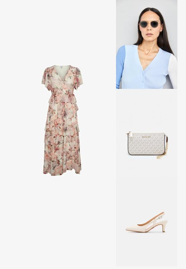 Rochie maxi cu imprimeu floral, având mâneci scurte cu volane, design înfășurat, volane în straturi și talie strânsă în nuanțe de roz și crem.; Sandaie cu toc alb, cu vârful ascuțit, material superior neted, toc mic tip bloc și design cu decupaj lateral, cu curea ajustabilă.; Ochelari de soare rotunzi cu lentile întunecate și rame aurii. Modelul poartă un cardigan ribbed de culoare albastru deschis cu nasturi și mâneci albe în contrast.; Clutch Michael Kors din canva acoperit bej, cu un model repetitiv al logo-ului MK, accesorii din aur și o curea cu lanț detașabil.