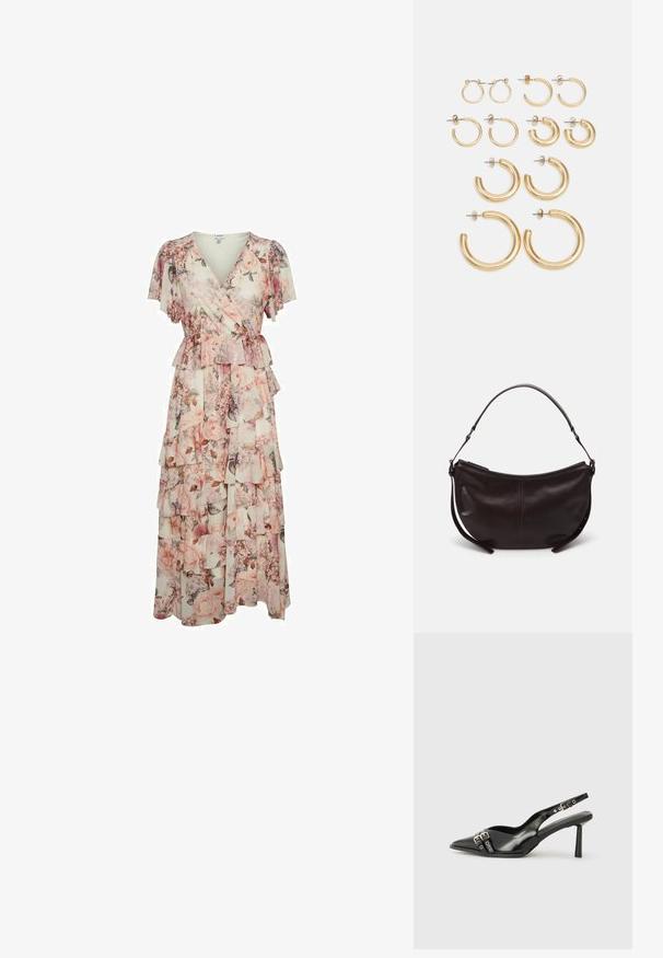Długa sukienka w kwiatowy wzór z krótkimi falbankowymi rękawami, fasonem kopertowym, warstwowymi falbankami i ściąganym w pasie w odcieniach różu i kremu.; Czarne lakierowane buty typu slingback z ostrym noskiem, paskami na kostkach z srebrnymi klamrami i elementami metalowymi oraz smukłym obcasem.; Ciemnobrązowa skórzana torba na ramię o zaokrąglonym kształcie, gładkiej fakturze i pojedynczym regulowanym pasku. Posiada zamek błyskawiczny.; Zestaw złotych kolczyków w kształcie kół, oferujący różne rozmiary i wzory, w tym małe, średnie i duże style, z gładkimi metalicznymi wykończeniami.