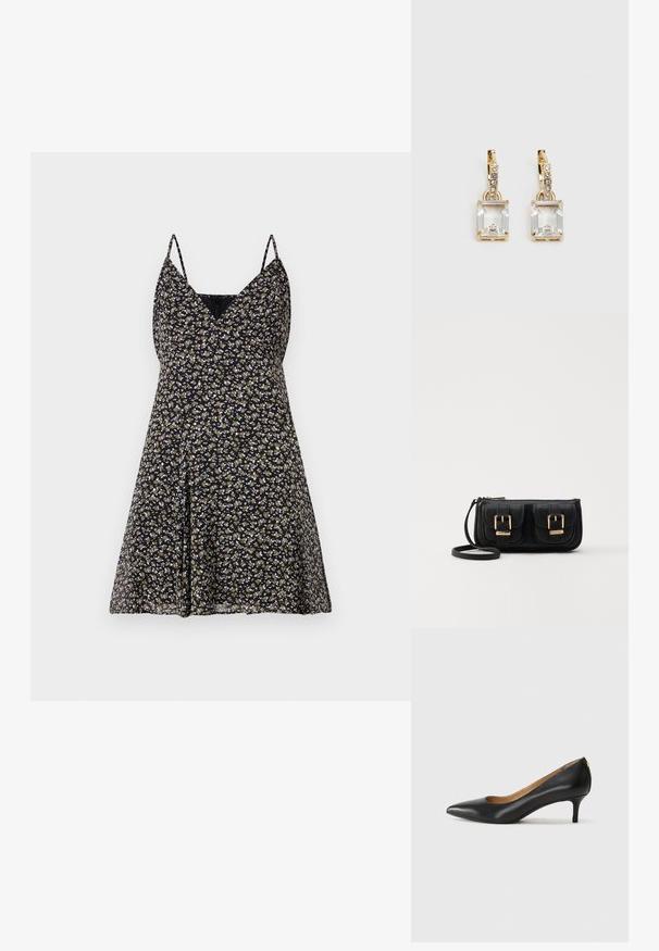 Vestido com padrão floral em azul-marinho, com alças finas ajustáveis, decote em V e silhueta esvoaçante. O tecido parece leve e suave.; Sapato de salto alto em pele preta com bico fino, salto baixo e textura suave. Apresenta uma ligeira abertura na parte da frente e mínima ferragem na parte de trás.; Bolsa de ombro em couro preto com dois bolsos frontais, fivelas douradas, fecho de zíper e uma alça fina. Superfície texturizada e forma retangular compacta.; Brincos em tom de ouro com um cristal retangular claro pendurado abaixo de uma linha de pequenos acentos redondos claros. Design elegante e moderno.