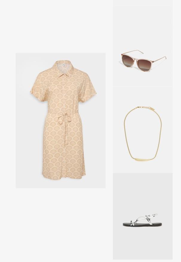 Šviesiai ruda trumpas rankovėmis marškinėlių suknelė su kriauklių raštu, mygtukų užsegimu priekyje ir raišteliu juosmens detalėmis. Lengva medžiaga ir laisvas siluetas.; Sidabriniai metaliniai sandalai su minimalistiniu dizainu, turintys plonas dirželius ir juodą plokščią padą. Išskirtinai pabrėžiami kryžminiai dirželių akcentai.; Rudi gradientiniai saulės akiniai su permatomu rožiniu rėmeliu, kvadratinės formos ir plonomis metalinėmis šakėmis. Yra su apvalintais kraštais ir minimaliais dekoratyviniais elementais.; Auksu padengta apyrankė su lygiu, įgaubtu centriniu akcentu. Pasižymi lankstoma grandinėle su vėžlio užsegimu ir papildomais reguliuojamais grandinėlių ryšiais.