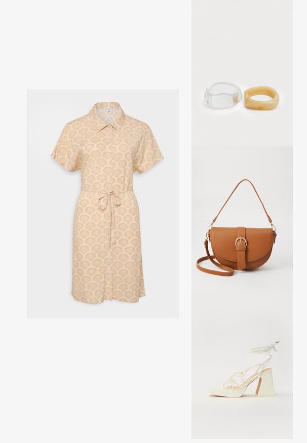 Vestido de camisa de mangas curtas em bege com padrão de conchas, fecho de botões à frente e detalhe de cintura com nó. Tecido leve e corte descontraído.; Sandálias brancas de salto alto com um salto robusto, apresentando um design com tiras e amarração no tornozelo. Textura suave com uma plataforma na frente para altura adicional.; Bolsa transversal de couro castanho com um formato curvado, ferragens douradas e um detalhe de fivela. Inclui uma alça de ombro destacável.; Anéis de resina clara e âmbar, um liso e transparente, o outro com um acabamento texturizado em âmbar. Ambos apresentam designs arredondados e robustos.
