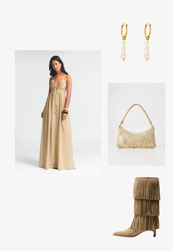 Dlhé béžové maxi šaty s hlbokým V-výstrihom, zloženým dekoltov a nastaviteľným viazaním. Ľahký materiál voľne splýva až na zem.; Krajkové členkové topánky z hnedej semišovej kože s tromi vrstvami franje. Špicatá špička a nízky blokový podpätok. Hladká štruktúra po celej ploche.; Taška s pleteným uchom vyrobená z béžového tkaného materiálu, s kvetinovými ozdobami s textúrovaným povrchom a zakriveným siluetou.; Zlaté kruhové náušnice s tromi bielymi perlami, ktoré vystavujú hladký povrch a okrúhly tvar, s malým zlatým akcentom pod perlami.