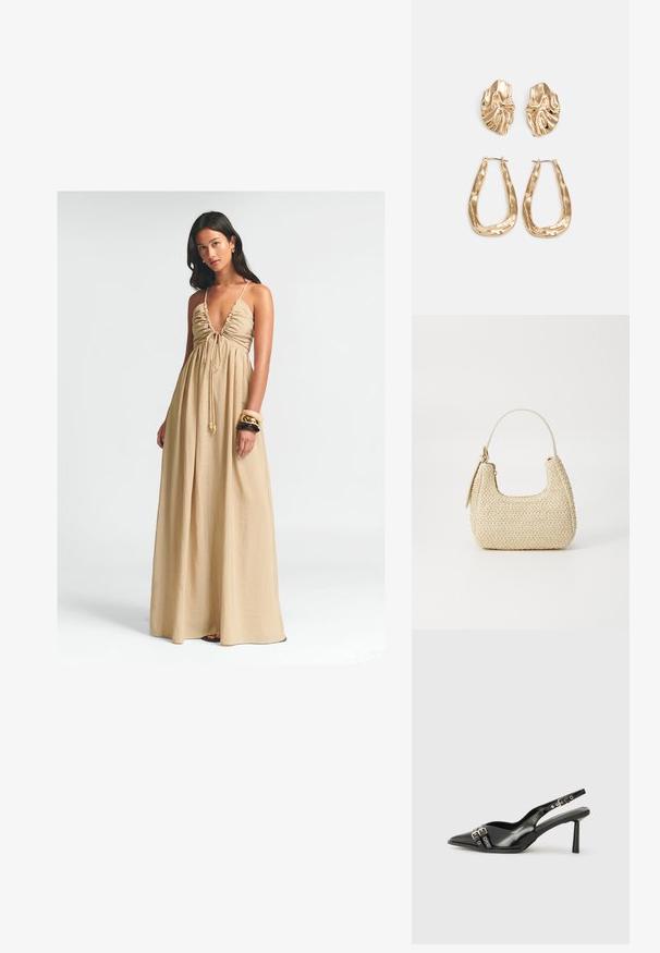 Robe maxi longue beige avec un décolleté en V profond, buste froncé et lien ajustable. Tissu léger qui tombe librement jusqu'au sol.; Chaussure slingback en cuir verni noir avec un embout pointu, des brides de cheville avec des boucles en argent et des éléments en métal, et un talon fin.; Sac en paille tressée beige avec une forme courbée, une courte poignée et une fermeture éclair sur le côté. Présente une surface texturée et un design minimaliste.; Boucles d'oreilles dorées présentant des formes texturées et ondulées. Comprend des clips sculpturaux et un design de créoles ouvertes avec une finition martelée.