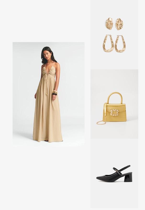 Długa, beżowa sukienka maxi z głębokim dekoltem w kształcie V, marszczonym biustem i regulowanym wiązaniem. Lekka tkanina swobodnie układa się do podłogi.; Czarne lakierowane czółenka na słupku ze spiczastym noskiem, lekko zaokrąglonym wycięciem i obcasem w kształcie bloku. Posiadają złotą klamrę jako akcent dekoracyjny.; Żółta torebka z faux-krokodylka o wyrafinowanej konstrukcji, z górnym uchwytem, odpinanym łańcuszkiem oraz dekoracyjnym kryształowym zdobieniem na zapięciu.; Złote kolczyki w odcieniu, prezentujące teksturowane, faliste kształty. Zawierają rzeźbiarskie klipsy i otwarty projekt kółek z młotkowanym wykończeniem.