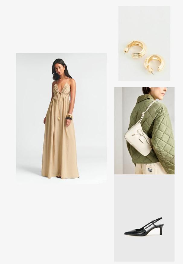 Garšs, bēšs maksi kleita ar dziļu V-veida kakla izgriezumu, sapucētu krūtīm un regulējamu saitīti. Viegls materiāls brīvi plūst līdz zemei.; Melna patent āda ar slīdošo papēdi un smailo purngalu, ar teksturētu čūsku drukājumu, regulējamu siksniņu un īsu teksturētu blokpapēdi.; Bēša ādas crossbody soma ar loku detaļu, zelta aparatūru un vienu regulējamu siksnu, vilkta pāri zaļai quilted jakai.; Zelta tonis auskari ar pulētu virsmu, ar rievotu dizainu un stiprinājumu aizmugurē. Apaļa, masīva forma.