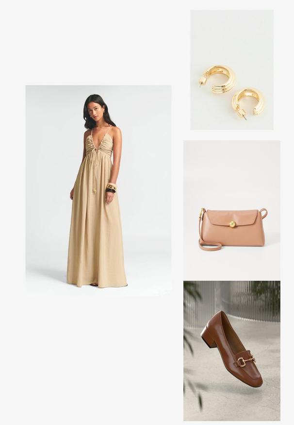 Langes, beiges Maxikleid mit tiefem V-Ausschnitt, gerafftem Oberteil und verstellbarem Bindeband. Das leichte Material fällt locker bis zum Boden.; Braune Lackleder-Loafer mit quadratischer Zehenpartie, metallischem Kettenakzent und niedrigem Blockabsatz; glatte Textur, minimalistisches Design.; Furla MINI CROSSBODY TOP HANDLE - Umhängetasche - tulle; Goldfarbene Creolen mit polierter Oberfläche, ausgestattet mit einem geriffelten Design und einem Steckverschluss. Runde, klobige Form.