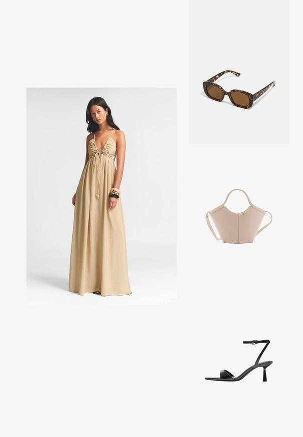Lange, beige maxijurk met een diepe V-hals, geplooide borst en verstelbare strik. Lichtgewicht stof valt losjes tot op de vloer.; Bershka Sandalen met hoge hak - black; Tortoiseshell zonnebril met een ronde, stevige montuur en bruine lenzen. Heeft subtiele patronen en rechte, taps toelopende veren.; Beige leren handtas met een unieke vorm, voorzien van twee korte handvatten en een lange verstelbare schouderriem. Glad oppervlak met minimale hardware.
