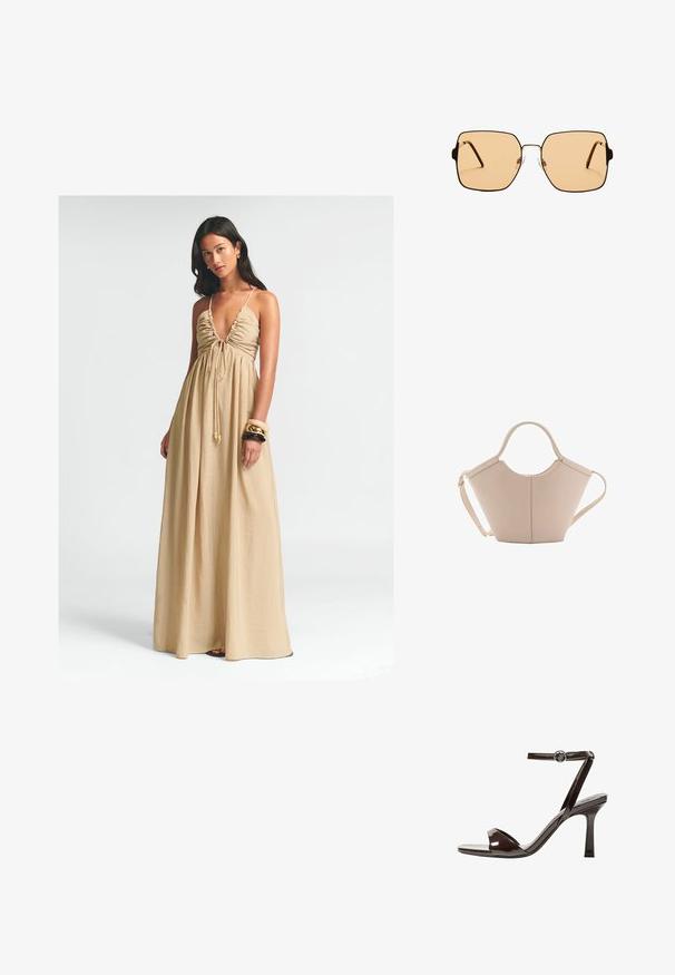 Dlouhá, béžová maxi šaty s hlubokým výstřihem do V, nařaseným výstřihem a nastavitelným zavazováním. Lehce splývavá látka volně padá až na zem.; Hnědé lakované kožené sandály na vysokém podpatku s páskem kolem kotníku, otevřenou špičkou a elegantním, minimalistickým designem. Obsahují čtvercový podpatek.; Čtvercové sluneční brýle s hnědými skly a tenkým černým kovovým rámem. Mají šikmé stranice a nastavitelná nosní polštářky pro pohodlí.; Beige kožená kabelka s jedinečným tvarem, vybavená dvěma krátkými uchy a dlouhým nastavitelným popruhem. Hladká textura s minimem kovových doplňků.