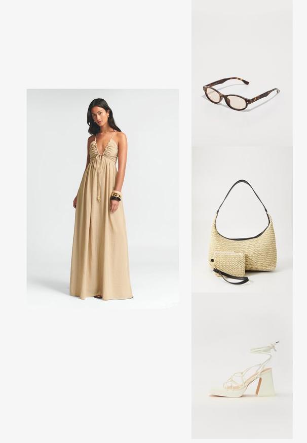 Ilgas, smėlio spalvos maxi suknelė su giliu V formos iškirpimu, pintu biustu ir reguliuojamu surišimu. Lengvas audinys laisvai krinta iki grindų.; Balti aukštakulniai sandalai su masyviu kulnu, su dirželių dizainu ir kulkšnies raiščiu. Lygi tekstūra su platforma priekyje, suteikianti papildomą aukštį.; Žalios spalvos akinių rėmeliai su apvalia forma ir šviesiais objektyvais. Savybės: tvirtos šakės su mažomis auksinėmis detalėmis, pagamintos iš plastiko.; Austo pynimo šiaudinio rankinio krepšio su kreiviu siluetu, su glotnia juoda odine rankena ir atitinkamu mažu maišeliu, pritvirtintu prie riešo juostos.