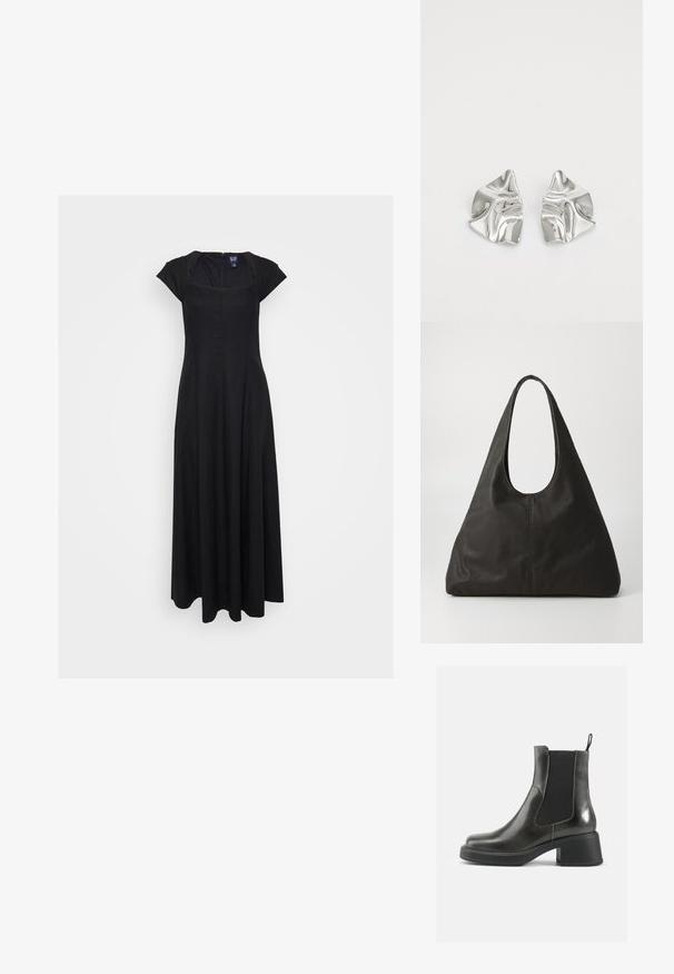 Fekete, hosszú ruha rövid ujjal, négyzet alakú kivágással és cipzáras záródással a hátsó részen. Légies fazonja és puha textúrája van.; Fekete bőr bokacsizmák sima felülettel, rugalmas oldalsó panelekkel és vastag sarkakkal. Jellemzőjük egy húzófül, amely megkönnyíti a felvételt.; Fekete bőr válltáska ívelt fogantyúval, hosszúkás háromszög alakú és sima tapintású. Jellemző rá a minimalista dizájn, melyen nincsenek látható fémrészek.; Ezüst fém fülbevalók hullámos, szobrászati kialakítással, fényes felülettel és szabálytalan formákkal, amelyek a kortárs esztétikát hangsúlyozzák.