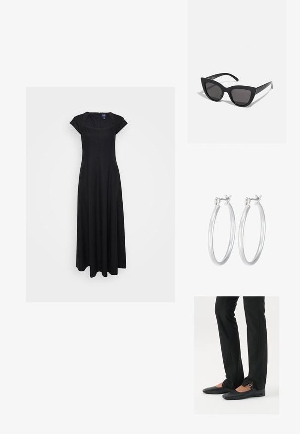 Black long dress with cap sleeves, square neckline, and a zip closure at the back. Features a flowing design and soft texture.; Black leather ballet flats with a pointed toe, strap with silver buckle, paired with black tailored pants featuring a slit hem.; Black cat-eye sunglasses with a matte finish, featuring gray tinted lenses, sharp angles, and sleek side arms. Brand name visible on the inner arm.; Silver hoop earrings with a smooth, polished finish. Round shape and secure click-top closure. Lightweight design suitable for everyday wear.