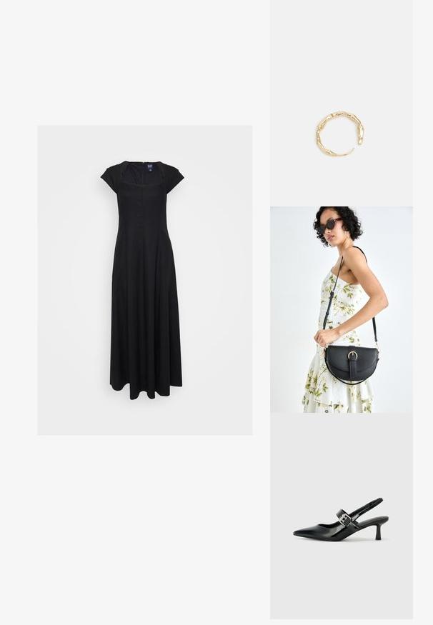 Must värvi pikk kleit, millel on lühikesed varrukad, ruudukujuline dekoltee ja tõmblukk taga. Omab voogavat disaini ja pehmet tekstuuri.; Mustad patenteeritud nahast sildiga kontsad, millel on terav nina ja väike plokk-konts, mille rihmal on hõbedane pandla aksessuaar.; Mustmust mustraha kõverate joontega, eemaldatava rihmaga ja kuldsete detailidega. Kotil on klapp, millel on pandladetail.; Kuldtoonis sõrmus, millel on orgaaniline, keerdunud disain sileda tekstuuri ja kitsenevate otstega, luues kaasaegse skulptuurilise välimuse.