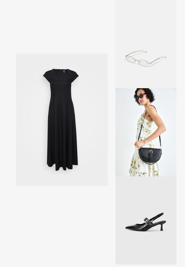 Rochie lungă neagră cu mâneci tip capac, decolteu pătrat și închidere cu fermoar la spate. Prezintă un design fluid și o textură moale.; Sandale cu toc din piele patent neagră, cu vârful ascuțit și un toc mic bloc, având un accent cu cataramă argintie pe curea.; Ochelari ovali cu o ramă metalică argintie, lentile clare și accente texturate cu mărgele pe brațe. Design ușor cu brațe curbate.; Geantă din piele neagră, cu o formă curbată, curea detașabilă și accesorii aurii. Geanta are un capac cu un detaliu tip cataramă.