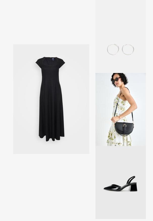 Černé dlouhé šaty s krátkými rukávy, čtvercovým výstřihem a zipovým zapínáním na zadní straně. Mají splývavý design a měkkou texturu.; Černé lakované kožené lodičky na pásku s špičatou špičkou a geometrickým blokovým podpatkem. Vyznačují se elegantním, minimalistickým designem a hladkým povrchem.; Černá kožená kabelka s křivkovým tvarem, odnímatelným popruhem a zlatými detaily. Kabelka má klopu s přezkou.; Stříbrné kruhové náušnice s elegantním, kulatým designem, s hladkým povrchem a bez viditelných ozdob. Průměr není specifikován.