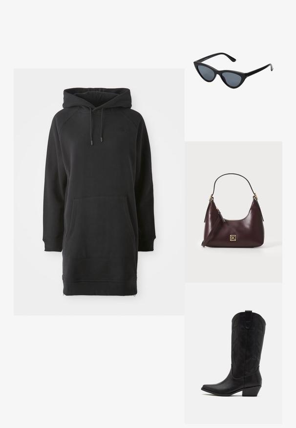 Vestido de moletom preto com capuz, bolso canguru, punhos canelados e cordões ajustáveis. Feito de um tecido suave com um corte descontraído.; Bota de cowboy em pele preta com bico pontudo, salto baixo em camadas e padrão intricado em relevo de folhas no cano. Laço na parte superior para fácil colocação.; Óculos de sol pretos em estilo cat-eye com lentes cinza escuro, armação plástica elegante, cantos pontiagudos e hastes retas. Sem hardware ou acentos visíveis.; Bolsa de couro borgonha com forma curva, com detalhes em dourado nos acessórios e fecho com zip. Apresenta uma alça de ombro destacável.