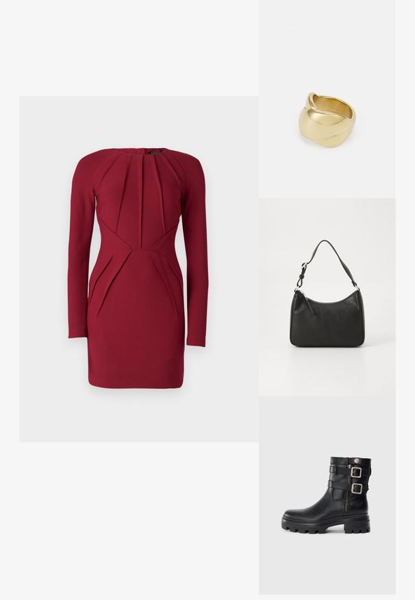 Dlhý rukáv, priliehavé šaty v tmavej burgundskej farbe. Má plisé dizajn na prednej časti a po bokoch, s okrúhlym výstrihom a štruktúrovaným siluetou.; Čierne kožené členkové topánky s dvojitými prackami, zipsom, masívnou podrážkou a hladkým povrchom. Vyznačujú sa robustným a štýlovým dizajnom.; Čierna kožená kabelka s oblým tvarom, jediným popruhom, zipsom a nenápadným logom na prednej strane. Hladká textúra, minimalistický dizajn.; Zlatá prstene s hladkým, skrúteným dizajnom. Má lesklý povrch a zaoblené okraje, čím vytvára bezproblémový, plynulý tvar.
