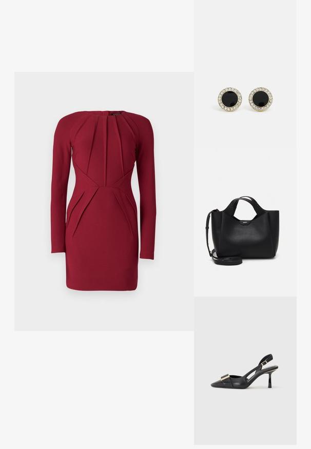 Dolga obleka s prizidom v temni burgundski barvi. Ima nabran dizajn na telesu in straneh, s okroglim izrezom in strukturirano silhueto.; Črne usnjene slingback čevlje s koničastim nosom, vitkim peto in zlatimi dodatki na vampu. Gladka tekstura in strukturirana oblika.; Črna usnjena torbica z teksturiranim zaključkom, angularno obliko, dvema ročajema in nastavljivim ramenskim trakom. Opremljena z naglasom logotipa DKNY.; DKNY INLAY STUD - Uhani - black/gold-coloured