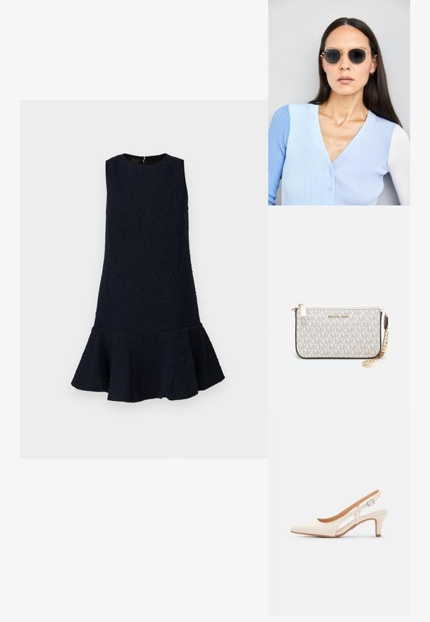 Tamsiai mėlyna suknelė iš tekstūruotos medžiagos, be rankovių, apvalios iškirptės ir platus apatinis kraštas. Nugaroje užtrauktukas.; Balti slingback kulniukai su smailiu pirštu, lygia viršutine medžiaga, žemu blokuotu kulnu ir šoniniu išpjovimu su reguliuojamu sagtimi.; Apskriti saulės akiniai su tamsiais objektyvais ir auksiniais rėmeliais. Modelis vilki šviesiai mėlyną, raukinį kardiganą su mygtukais ir kontrastingomis baltomis rankovėmis.; Michael Kors rankinė smėlio spalvos dengto kanvoje su pakartotiniu MK logotipo raštu, auksinėmis detalėmis ir nuimamu grandininiu dirželiu.