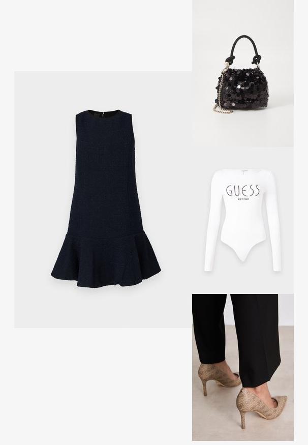 Rochie bleumarin din material texturat, fără mâneci, cu decolteu rotund și tiv evazat în partea de jos. Se închide cu fermoar la spate.; Bodies alb cu mânecă lungă și decolteu rotund. Prezintă logo-ul "GUESS" și "EST.1981" imprimate în negru pe față. Textură netedă.; Pantofi cu toc înalt bej, dintr-un material texturat ce prezintă un model repetitiv. Design cu vârful ascuțit, cu un accent la spate și detaliu auriu pe toc.; Geantă mini neagră cu paiete, cu un umar texturat înnodat și un lanț argintiu. Formă rotundă cu partea de sus adunată și detalii reflectorizante.