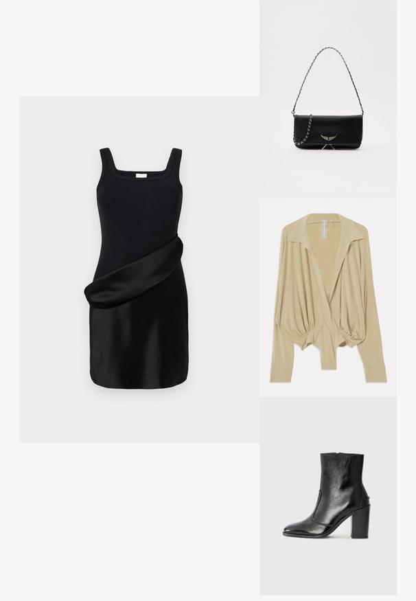 Melnā kleita ar ribotu topu ar kvadrātveida dekoltē un gludu, plūstošu satīna svārku. Dizainā ir apvienotas kontrastējošas tekstūras.; Bežs garām piedurknēm blūze ar plašu apkakli, savilkta jostas vietā un pieguļošām piedurknēm, izstādīta uz baltā fona.; Melnas ādas potīšu zābaki ar gludu tekstūru, smailu purngalu un masīlu augstu papēdi. Iekļauts sānu atvērums un minimālistisks dizains.; Melnas ādas rokassomā ar sudraba ķēdes siksnu, kurai ir dekoratīvi spārnu akcenti un baltā šuvēšana apakšējā šuvē.