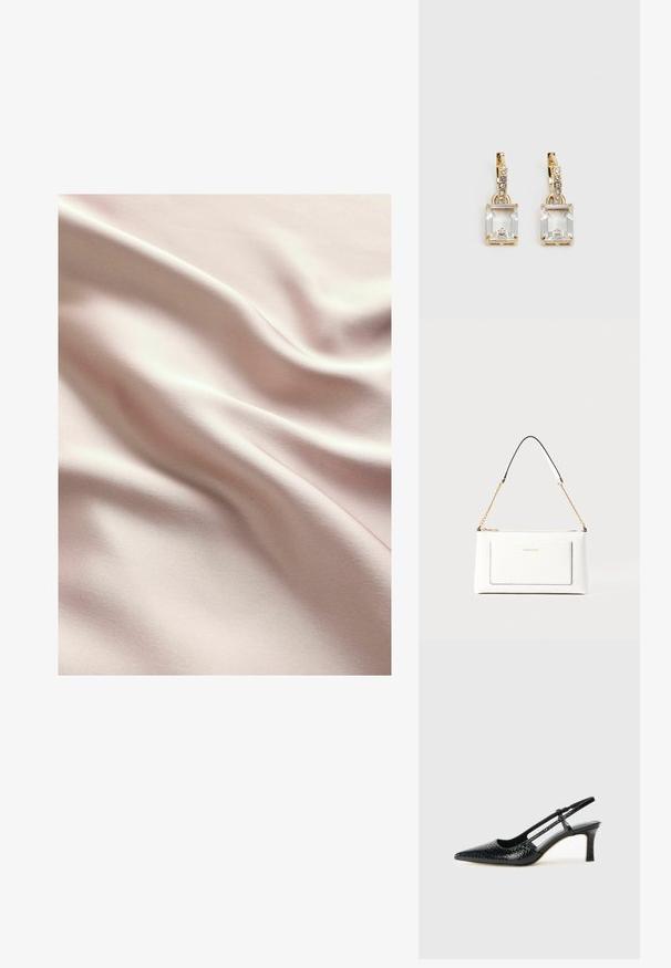 Saténová tkanina v jemně růžové barvě s hladkým povrchem, s jemnými vlnkami a lehkým leskem. Viditelné švy po celé ploše.; Černé lakované slingback podpatky s špičatou špičkou, zdobené texturovaným hadím vzorem, nastavovacím páskem a krátkým texturovaným blokovým podpatkem.; Bílá kožená kabelka s texturovaným povrchem, zdobená zlatým řetízkem a černými akcenty. Obsahuje přední kapsu a uzavírání na zip.; Náušnice ve zlatém odstínu s obdélníkovým, průhledným krystalem zavěšeným pod řadou malých, kulatých průhledných akcentů. Elegantní, moderní design.