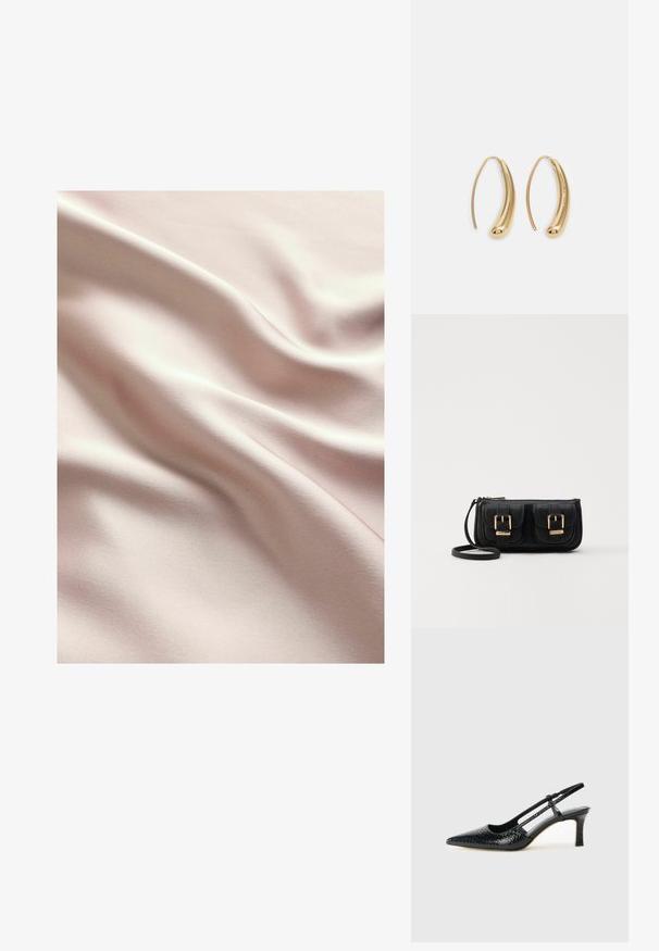 Satiinikangas pehmeässä vaaleanpunaisessa, jossa on sileä rakenne, hienovaraisia laineita ja hillitty kiilto. Saumaviivat näkyvät kauttaaltaan.; Musta patent slingback-kiilakorko teräväkärkisellä muotoilulla, jossa on teksturoitu käärmeennahkakuosi, säädettävä remmi ja lyhyt, teksturoitu blokkiheel.; Musta nahkainen olkalaukku, jossa on kaksi etutaskua, kultaiset soljet, vetoketjukiinnitys ja kapea hihna. Teksturoidun pinnan ja kompaktin suorakaiteen muoto.; Korvakorut kultasävytteistä metallista, joissa on kaareva, pitkänomainen muoto. Ominaisuuksiin kuuluu sileä, kiiltävä pinta ja pyöreä kärki lisäyksinä.