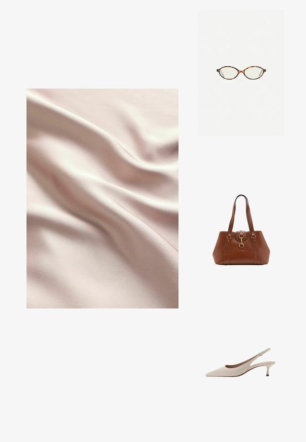Satinstof i blød pink med en glat overflade, der har bløde bølger og en subtil glans. Syninger synlige overalt.; Beige slingback-hæle med spids tå og en lav, flared hæl. Fremstillet af glat læder med et minimalistisk design og justerbar rem.; Skildpaddebriller med ovale linser og en elegant, glat finish. Har tynde sider med en subtil kurve ved tindingerne. Klare linser.; Brun lædertaske med dobbelte stropper, rund form, guldfarvet hardware og en central spænde detalje. Glat tekstur med syninger.