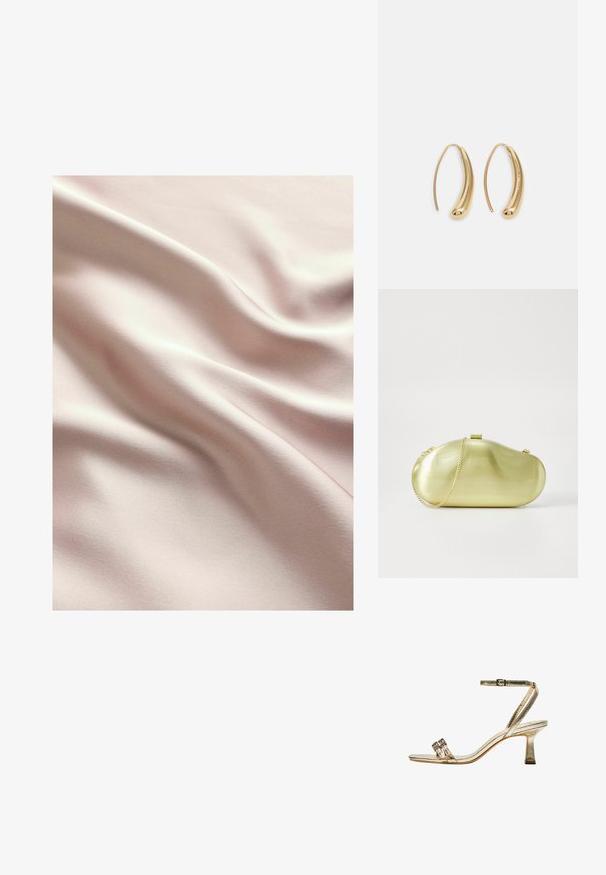 Satin stof in zachtroze met een soepele textuur, met lichte golven en een subtiele glans. Naadlijnen zichtbaar door het geheel.; Gouden metallic hoge hak sandaal met enkelbandje, twee smalle voorbanden en een blokhak. Beschikt over decoratieve versieringen.; Metalen gouden clutch tas met een afgeronde, langwerpige vorm, voorzien van een kettinghengsel en een sluiting met een klikmechanisme. Gladde, reflecterende oppervlaktextuur.; Gouden metalen oorbellen in de vorm van een gebogen, verlengde hoop. Kenmerkend zijn het gladde, glanzende oppervlak en de afgeronde punt voor extra detail.